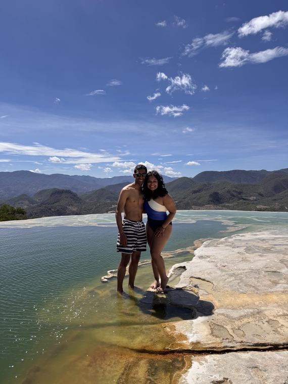 Manu and Nikhil on the mineral terraces at Hierve el Agua, Oaxaca